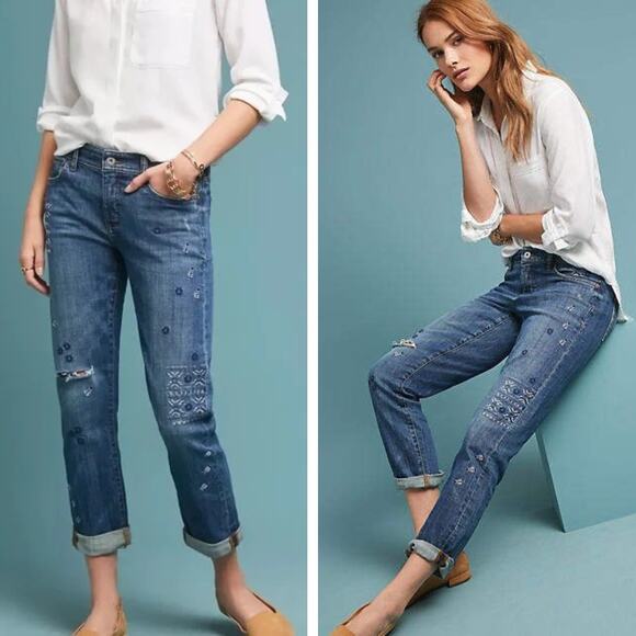 NWT PILCRO AND THE LETTERPRESS Anthropologie Embroidered Slim Boyfriend Jean 25 - Picture 1 of 9